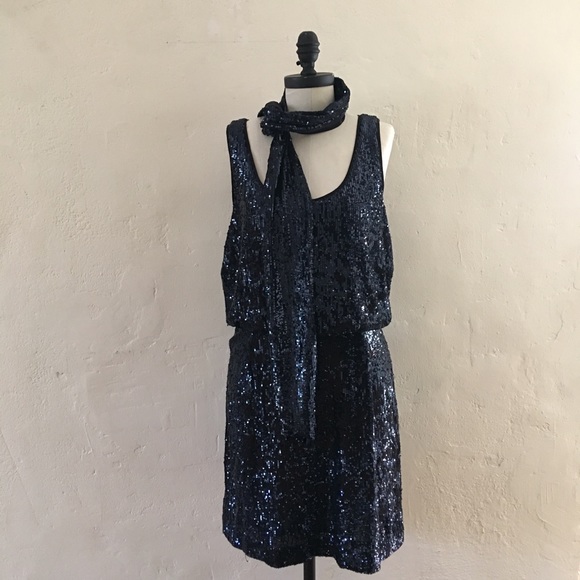 NEW NWT Tory Burch Alton Sequined Belted Navy Sleeveless Party Dress - Picture 5 of 9